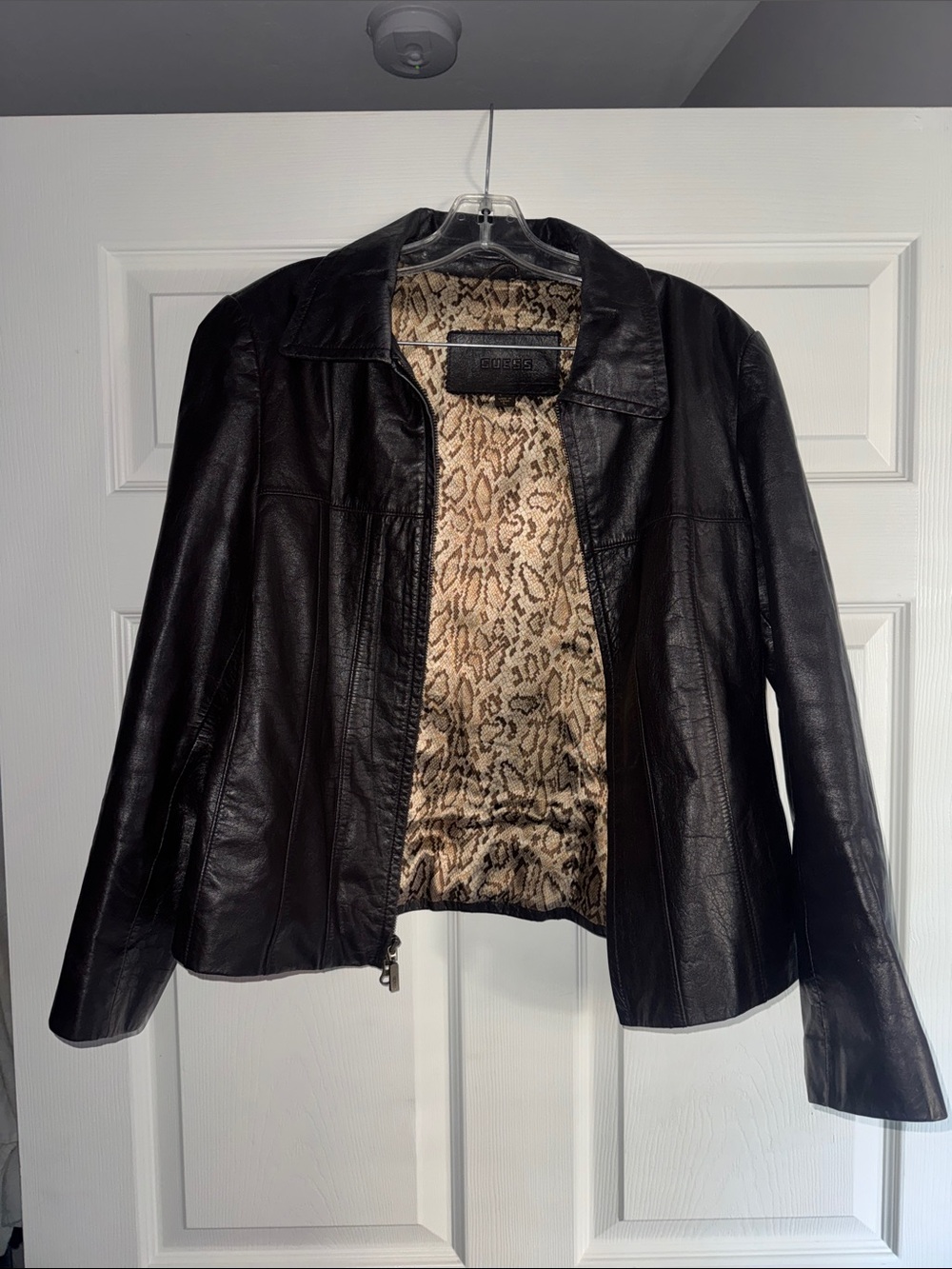 Guess Brown Leather Jacket with Leopard-Print Lining